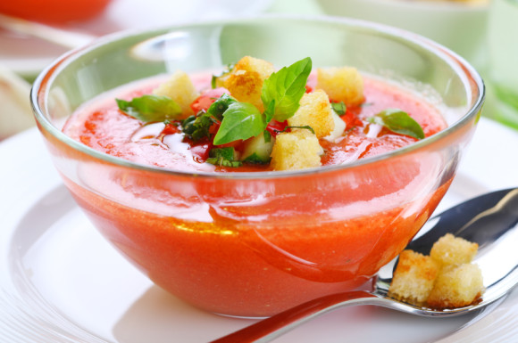 Cold Gazpacho with Garlic Croutons in Glass Bowl