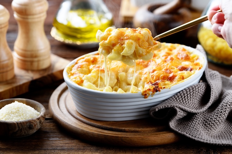 umami and comfort creamy macaroni and cheese baked in dish