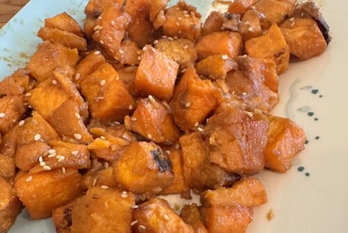 Roasted sweet potatoes with umami miso butter glaze