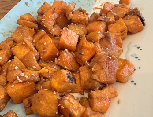 Roasted sweet potatoes with umami miso butter glaze